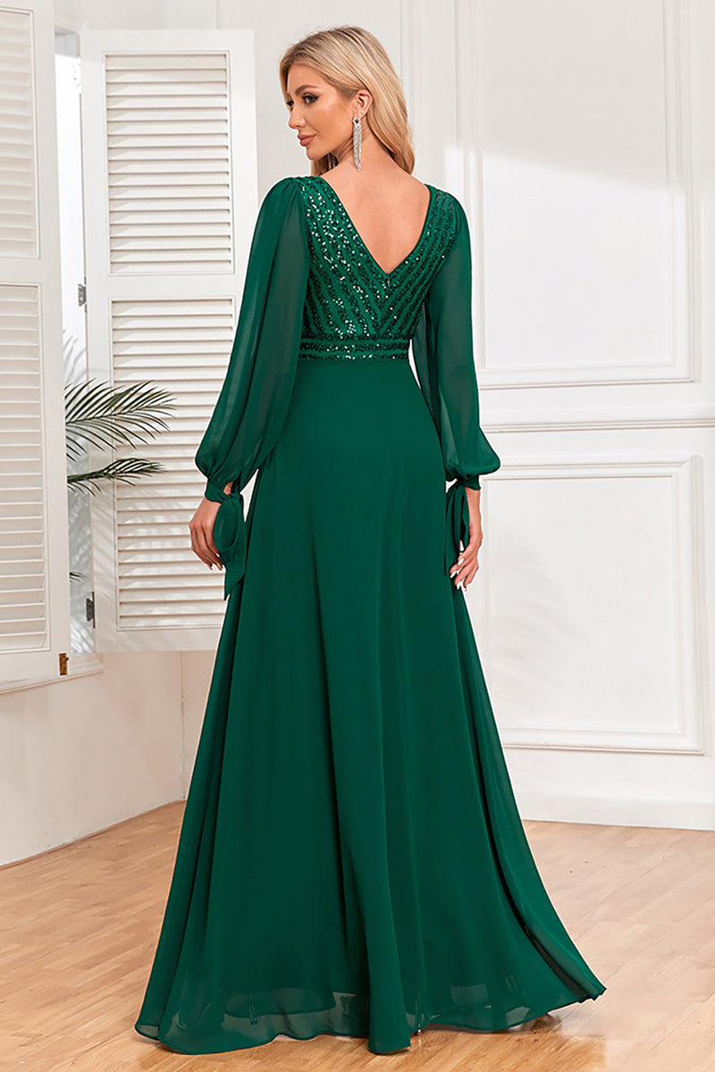 Load image into Gallery viewer, Dark Green A-Line V Neck Long Prom Dress With Sequins