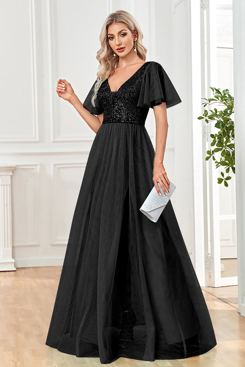 Load image into Gallery viewer, Black A-Line V Neck Long Prom Dress with Sequins