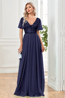 Load image into Gallery viewer, Black A-Line V Neck Long Prom Dress with Sequins