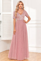 Load image into Gallery viewer, Dusty Rose A-Line V Neck Tulle Prom Dress with Short Sleeves