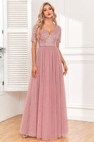 Load image into Gallery viewer, Dusty Rose A-Line V Neck Tulle Prom Dress with Short Sleeves