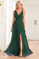 Load image into Gallery viewer, A-Line Sparkly V-Neck Dark Green Prom Dress with Slit