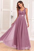 Load image into Gallery viewer, A-Line V-Neck Blue Prom Dress
