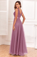 Load image into Gallery viewer, A-Line V-Neck Blue Prom Dress