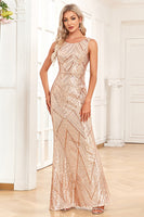 Load image into Gallery viewer, Golden Mermaid Round Neck Sequins Long Prom Dress
