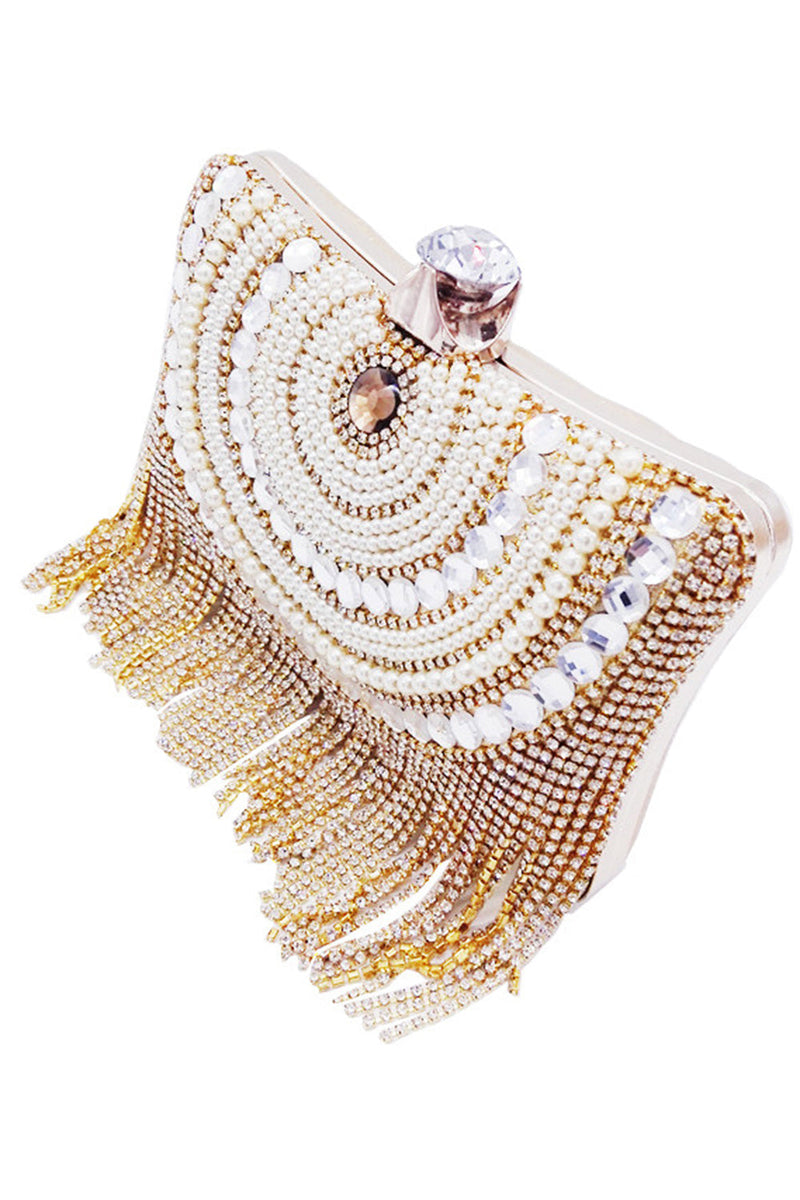 Load image into Gallery viewer, Golden Beaded Pearls Party Clutch