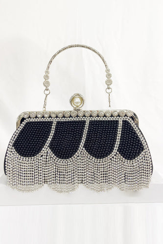 Black Beaded Fringes Party Handbag