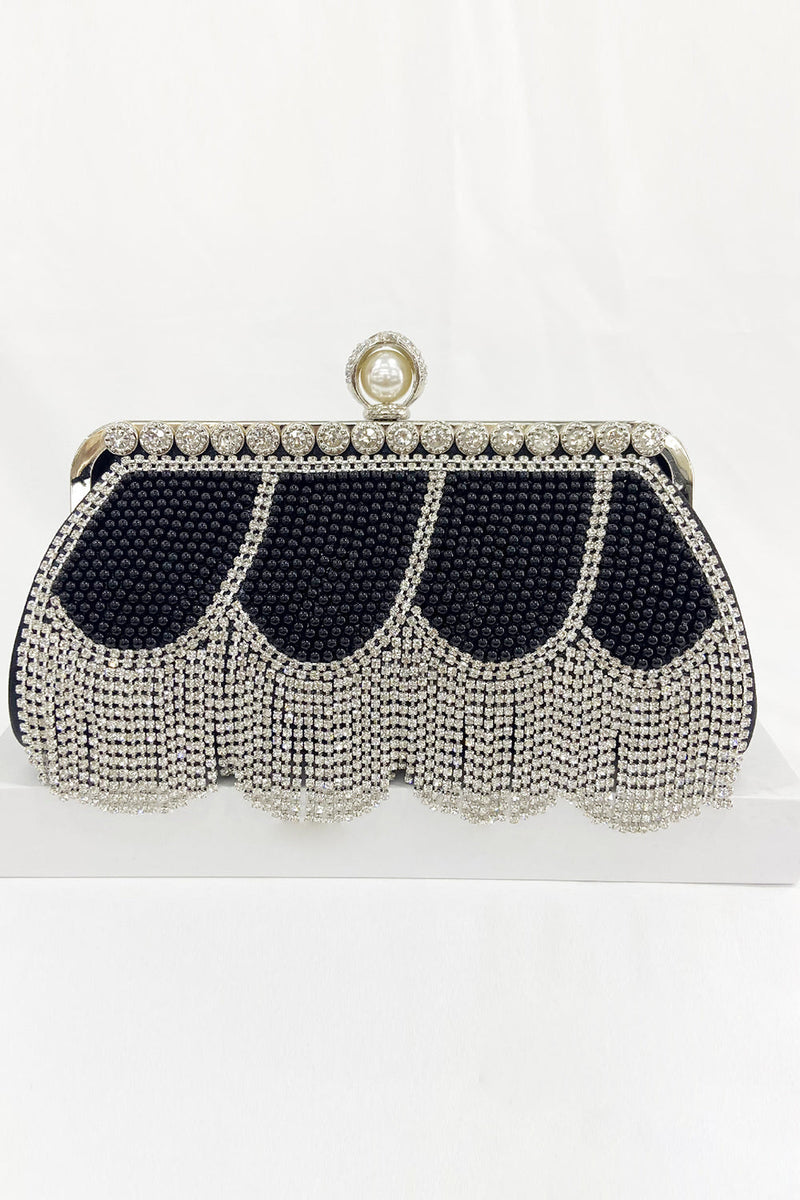 Load image into Gallery viewer, Black Beaded Fringes Party Handbag