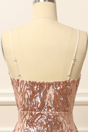 Rose Gold Sequins Long Prom Dress