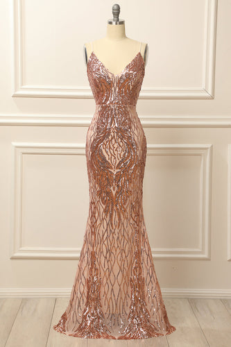 Rose Gold Sequins Long Prom Dress