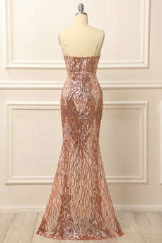 Rose Gold Sequins Long Prom Dress