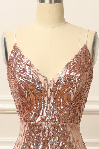Rose Gold Sequins Long Prom Dress