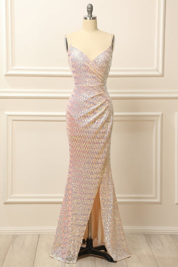 Apricot Sequins Ruched Long Prom Dress with Slit