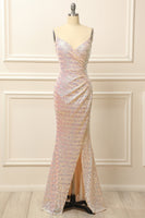 Load image into Gallery viewer, White Sequins Ruched Long Prom Dress with Slit