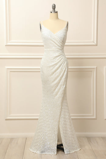 Apricot Sequins Ruched Long Prom Dress with Slit