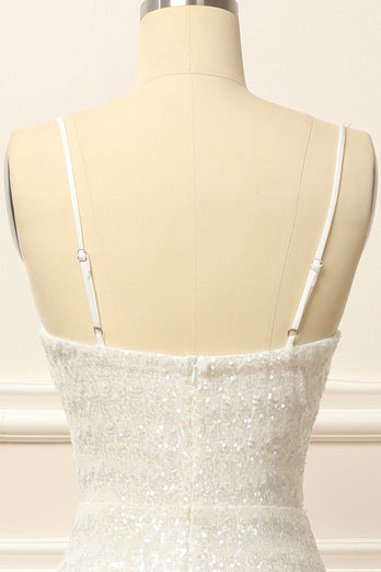 White Sequins Ruched Long Prom Dress with Slit
