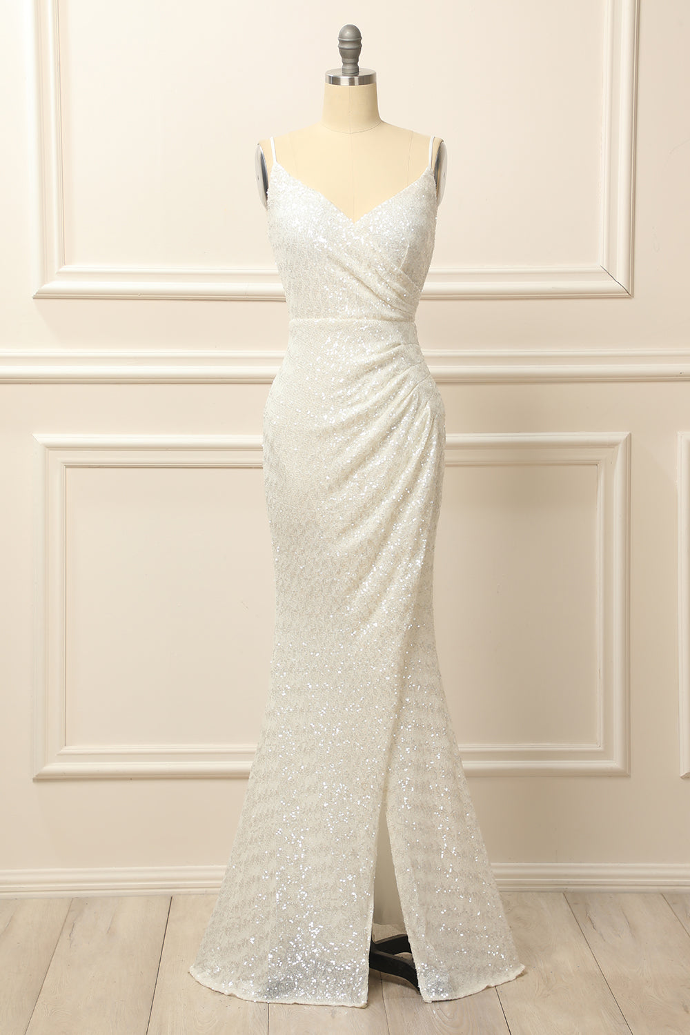 White Sequins Ruched Long Prom Dress with Slit