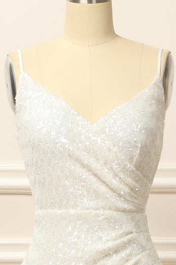 White Sequins Ruched Long Prom Dress with Slit