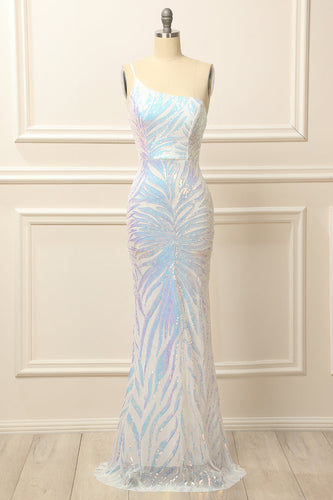 Glitter White One Shoulder Sequins Prom Dress