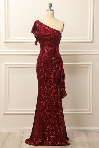 Burgundy Sequins One Shoulder Prom Dress
