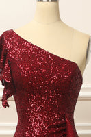 Load image into Gallery viewer, Burgundy Sequins One Shoulder Prom Dress