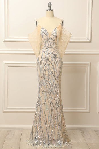 Mermaid Off the Shoulder Apricot Prom Dress with Sequins