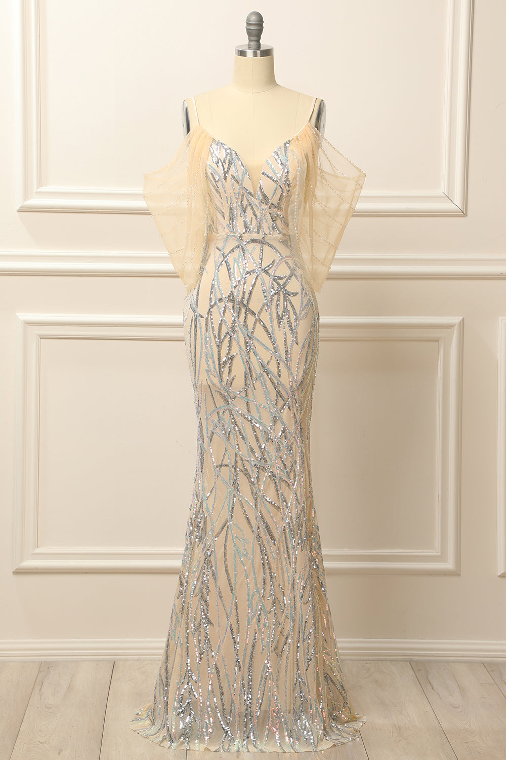 Mermaid Off the Shoulder Apricot Prom Dress with Sequins