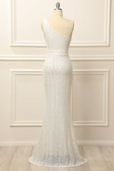 Mermaid One Shoulder White Sequins Long Prom Dress