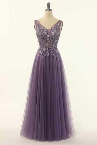 Tulle Purple A-line Prom Dress with Beading