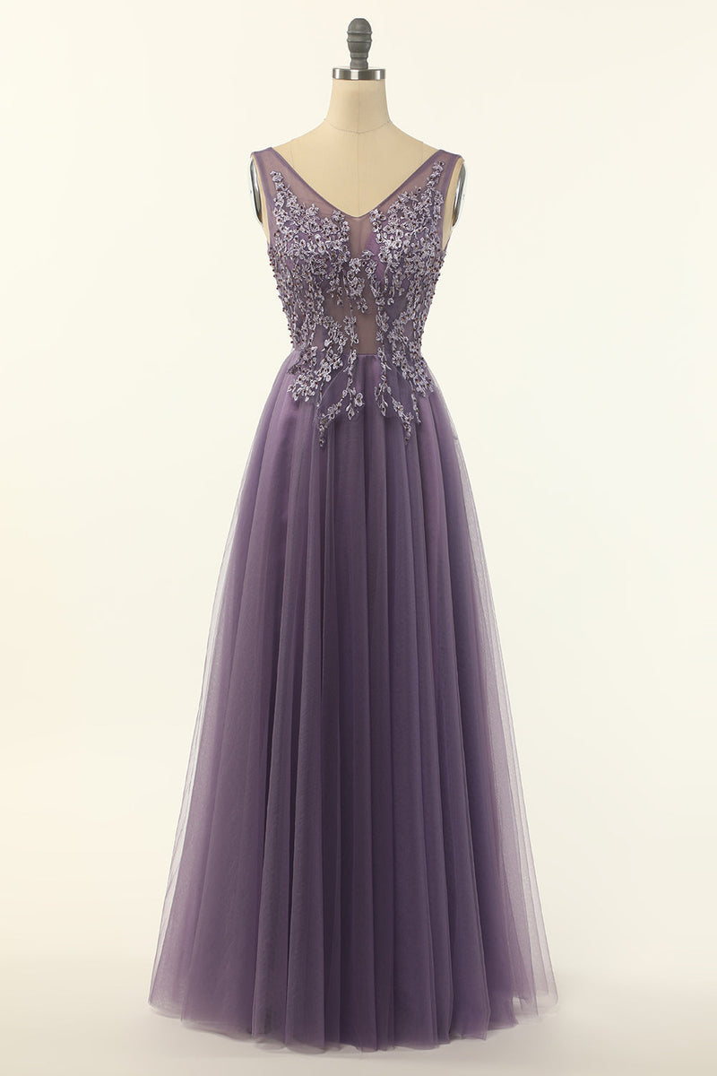 Load image into Gallery viewer, Tulle Purple A-line Prom Dress with Beading