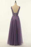 Load image into Gallery viewer, Tulle Purple A-line Prom Dress with Beading