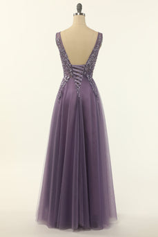 Tulle Purple A-line Prom Dress with Beading