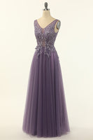 Load image into Gallery viewer, Tulle Purple A-line Prom Dress with Beading