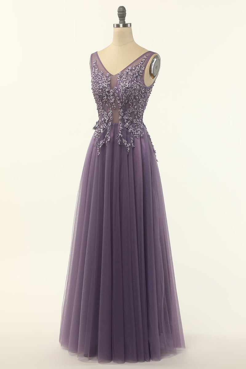 Load image into Gallery viewer, Tulle Purple A-line Prom Dress with Beading