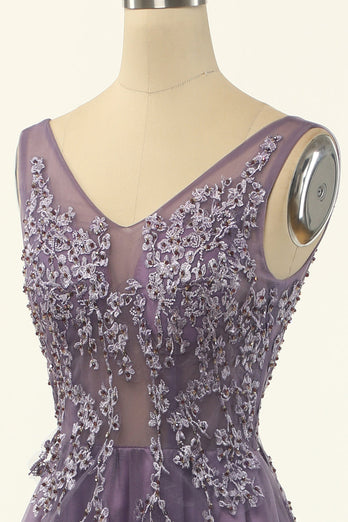 Tulle Purple A-line Prom Dress with Beading