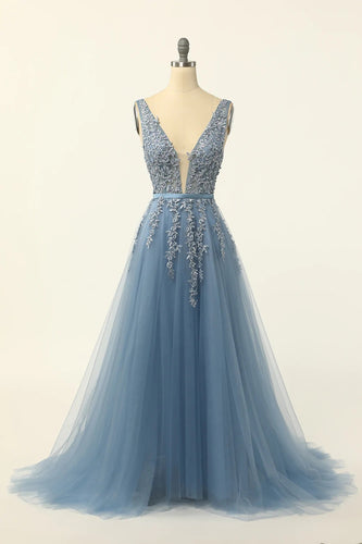 Blue Tulle A Line Prom Dress with Appliques