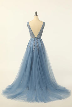 Blue Tulle A Line Prom Dress with Appliques