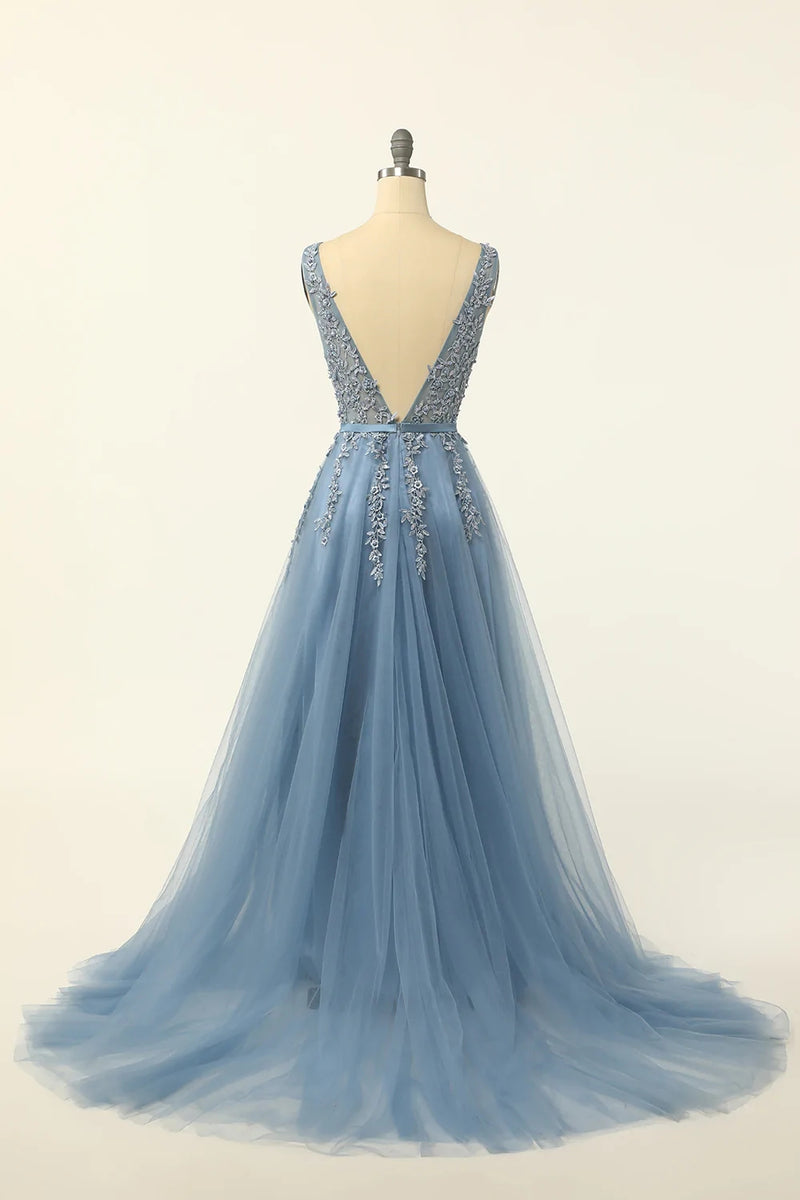 Load image into Gallery viewer, Blue Tulle A Line Prom Dress with Appliques