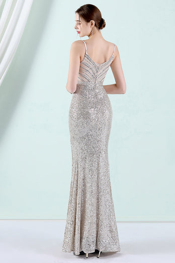 Silver Sequins Sheath Prom Dress with Slit