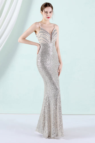 Silver Sequins Sheath Prom Dress with Slit