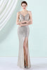 Load image into Gallery viewer, Silver Sequins Sheath Prom Dress with Slit