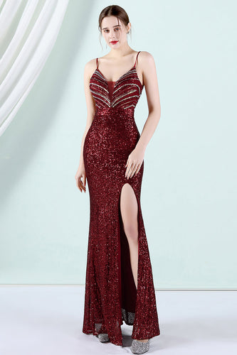 Dark Red Sequins Sheath Prom Dress with Slit