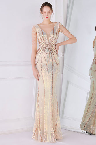 Gold Sequins Sheath Prom Dress with Fringes