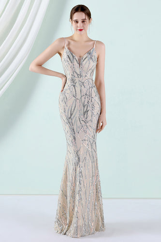 Apricot Silver Spaghetti Straps Mermaid Prom Dress