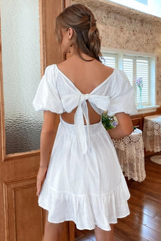 Square Neck Mini White Graduation Dress With Short Sleeves