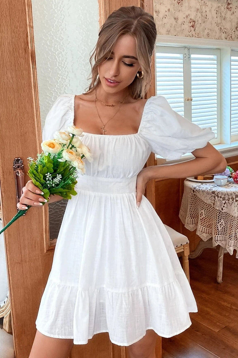 Load image into Gallery viewer, Square Neck Mini White Graduation Dress With Short Sleeves