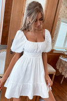 Load image into Gallery viewer, Square Neck Mini White Graduation Dress With Short Sleeves