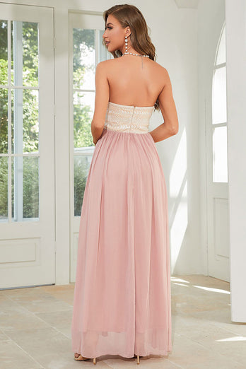 Pink Strapless Chiffon Wedding Party Dress with Lace