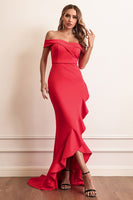 Load image into Gallery viewer, Red Sheath Off The Shoulder Prom Dress With Ruffles