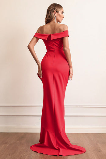 Red Sheath Off The Shoulder Prom Dress With Ruffles